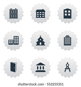 Set Of 9 Simple Architecture Icons. Can Be Found Such Elements As Engineer Tool, School, Popish And Other.