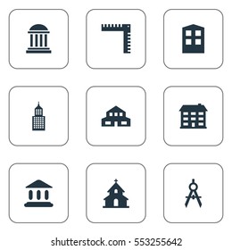 Set Of 9 Simple Architecture Icons. Can Be Found Such Elements As Length, Engineer Tool, Booth And Other.