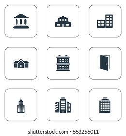 Set Of 9 Simple Architecture Icons. Can Be Found Such Elements As Offices, Booth, Residential And Other.