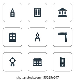 Set Of 9 Simple Architecture Icons. Can Be Found Such Elements As Floor, Length, Glazing And Other.