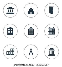 Set Of 9 Simple Architecture Icons. Can Be Found Such Elements As Popish, Construction, Academy And Other.
