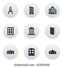Set Of 9 Simple Architecture Icons. Can Be Found Such Elements As Construction, Residence, Engineer Tool And Other.