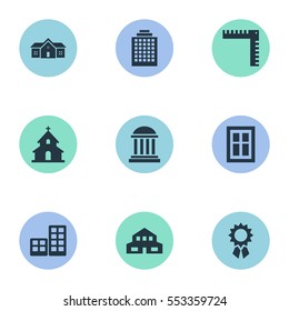 Set Of 9 Simple Architecture Icons. Can Be Found Such Elements As Residence, Academy, Residential And Other.