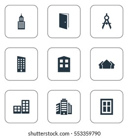 Set Of 9 Simple Architecture Icons. Can Be Found Such Elements As Superstructure, Construction, Engineer Tool And Other.