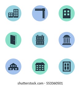 Set Of 9 Simple Architecture Icons. Can Be Found Such Elements As School, Residential, Length And Other.