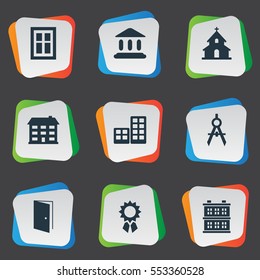 Set Of 9 Simple Architecture Icons. Can Be Found Such Elements As Reward, School, Gate And Other.