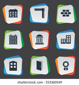 Set Of 9 Simple Architecture Icons. Can Be Found Such Elements As Reward, Length, Construction And Other.