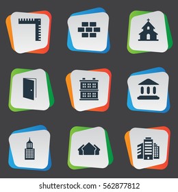 Set Of 9 Simple Architecture Icons. Can Be Found Such Elements As Block, Booth, Superstructure And Other.