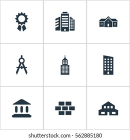 Set Of 9 Simple Architecture Icons. Can Be Found Such Elements As Floor, Superstructure, Structure And Other.