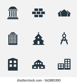 Set Of 9 Simple Architecture Icons. Can Be Found Such Elements As Engineer Tool, Popish, Construction And Other.