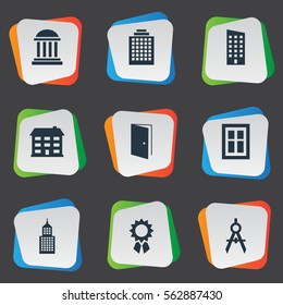 Set Of 9 Simple Architecture Icons. Can Be Found Such Elements As Reward, Floor, Gate And Other.