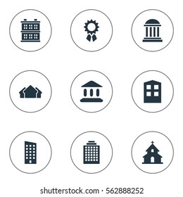 Set Of 9 Simple Architecture Icons. Can Be Found Such Elements As Construction, Academy, Floor And Other.