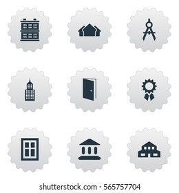 Set Of 9 Simple Architecture Icons. Can Be Found Such Elements As Residential, Booth, Gate And Other.