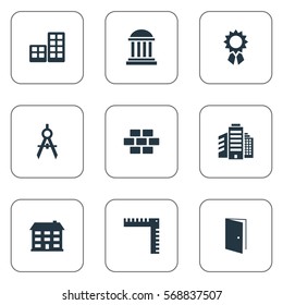 Set Of 9 Simple Architecture Icons. Can Be Found Such Elements As School, Flat, Academy And Other.