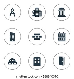 Set Of 9 Simple Architecture Icons. Can Be Found Such Elements As Gate, Academy, Engineer Tool And Other.