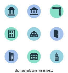 Set Of 9 Simple Architecture Icons. Can Be Found Such Elements As Length, Glazing, Floor And Other.
