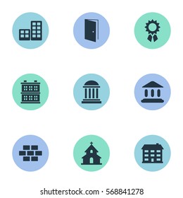 Set Of 9 Simple Architecture Icons. Can Be Found Such Elements As Block, Gate, School And Other.