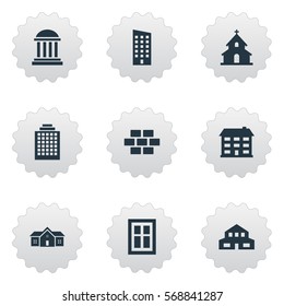 Set Of 9 Simple Architecture Icons. Can Be Found Such Elements As Academy, Offices, Popish And Other.