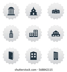 Set Of 9 Simple Architecture Icons. Can Be Found Such Elements As Residential, Structure, Gate And Other.