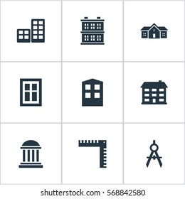 Set Of 9 Simple Architecture Icons. Can Be Found Such Elements As Residence, Engineer Tool, Block And Other.