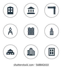 Set Of 9 Simple Architecture Icons. Can Be Found Such Elements As Length, Residential, Glazing And Other.