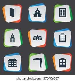Set Of 9 Simple Architecture Icons. Can Be Found Such Elements As Structure, Residence, Glazing And Other.