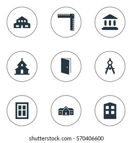 Set Of 9 Simple Architecture Icons. Can Be Found Such Elements As Residential, Length, Popish And Other.