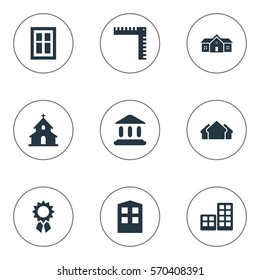 Set Of 9 Simple Architecture Icons. Can Be Found Such Elements As Flat, Glazing, Residence And Other.
