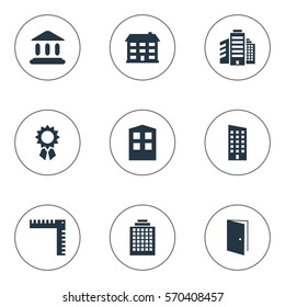 Set Of 9 Simple Architecture Icons. Can Be Found Such Elements As Reward, Gate, Floor And Other.