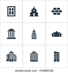 Set Of 9 Simple Architecture Icons. Can Be Found Such Elements As Academy, Offices, Glazing And Other.