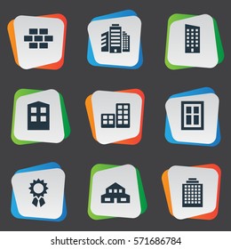 Set Of 9 Simple Architecture Icons. Can Be Found Such Elements As Stone, Reward, Glazing And Other.