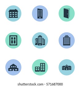 Set Of 9 Simple Architecture Icons. Can Be Found Such Elements As Offices, Residential, Residence And Other.