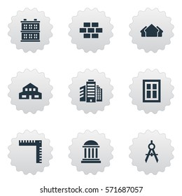 Set Of 9 Simple Architecture Icons. Can Be Found Such Elements As Block, Shelter, Engineer Tool And Other.