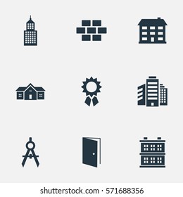 Set Of 9 Simple Architecture Icons. Can Be Found Such Elements As Reward, School, Block And Other.