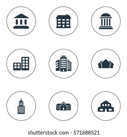 Set Of 9 Simple Architecture Icons. Can Be Found Such Elements As Flat, Structure, Superstructure And Other.