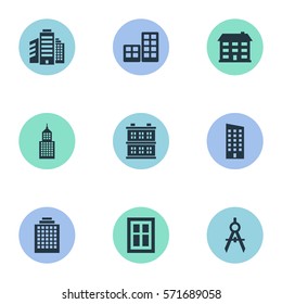 Set Of 9 Simple Architecture Icons. Can Be Found Such Elements As Offices, Superstructure, School And Other.