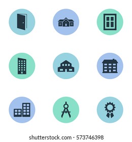 Set Of 9 Simple Architecture Icons. Can Be Found Such Elements As Flat, Floor, Residence And Other.