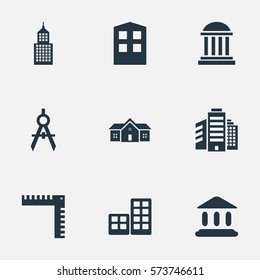 Set Of 9 Simple Architecture Icons. Can Be Found Such Elements As Structure, Engineer Tool, Flat And Other.