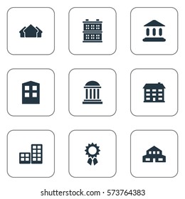Set Of 9 Simple Architecture Icons. Can Be Found Such Elements As Booth, Flat, Reward And Other.