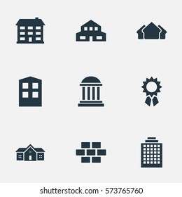 Set Of 9 Simple Architecture Icons. Can Be Found Such Elements As Residential, Academy, Reward And Other.