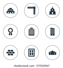 Set Of 9 Simple Architecture Icons. Can Be Found Such Elements As Stone, Residential, Shelter And Other.