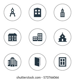 Set Of 9 Simple Architecture Icons. Can Be Found Such Elements As Construction, School, Popish And Other.