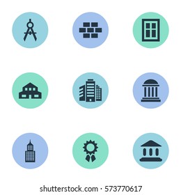 Set Of 9 Simple Architecture Icons. Can Be Found Such Elements As Booth, Structure, Reward And Other.