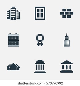 Set Of 9 Simple Architecture Icons. Can Be Found Such Elements As Shelter, Superstructure, Reward And Other.