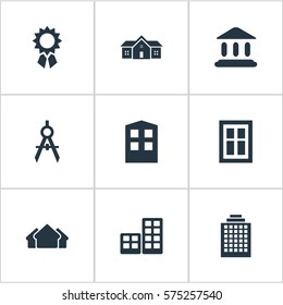 Set Of 9 Simple Architecture Icons. Can Be Found Such Elements As Glazing, Construction, Booth And Other.