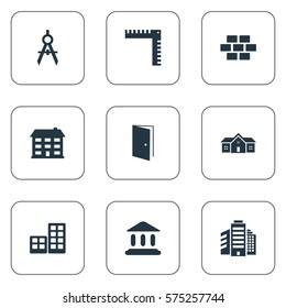 Set Of 9 Simple Architecture Icons. Can Be Found Such Elements As Flat, Stone, Gate And Other.