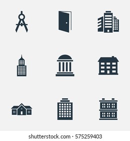 Set Of 9 Simple Architecture Icons. Can Be Found Such Elements As School, Block, Gate And Other.