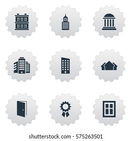 Set Of 9 Simple Architecture Icons. Can Be Found Such Elements As Academy, Superstructure, Shelter And Other.