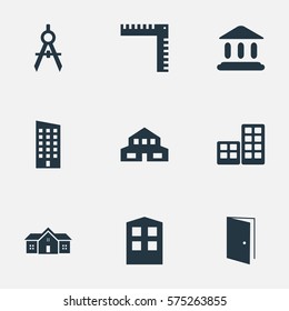 Set Of 9 Simple Architecture Icons. Can Be Found Such Elements As Flat, Length, Booth And Other.