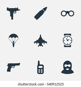 Set Of 9 Simple Army Icons. Can Be Found Such Elements As Walkies, Field Glasses, Ammunition And Other.